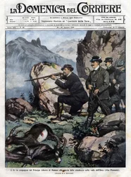 Koning van Italië Victor Emmanuel III (Vittorio Emanuele) met Prins Albert I van Monaco jagen op de steenbok. Omslag van de Domenica del Corriere van 14 augustus 1910