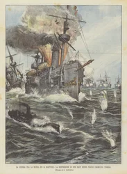 De oorlog tussen Rusland en Japan, de vernietiging van twee Russische schepen bij Chemulpo (Korea)