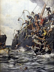De ramp van Libanon: de passagiers springen in zee na de botsing met een ander schip voor de kust van Marseille. Illustratie door Beltrame. La Domenica del corriere. 1903.