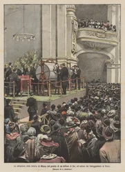 De trekking van de loterij van Milaan met een prijs van een miljoen lire, in de feestzaal in het park