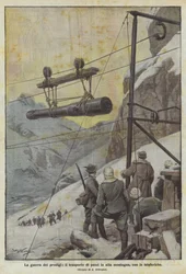 De wonderen van de oorlog, het transport van stukken in de hoge bergen met kabelbanen