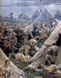 De Boerenoorlog of Transvaaloorlog in Zuid-Afrika tussen de Engelsen en de Boeren: de laatsten hebben een Engels kamp aangevallen in Tweenfontein. Illustratie van Beltrame. La Domenica del Corriere. 1902.