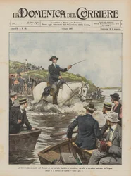 De oversteek van de Tiber te paard, paard en ruiter gaan het water in