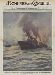 Het zinken van de Duitse kruiser Mainz in de wateren van Helgoland, tijdens een gedurfde aanval