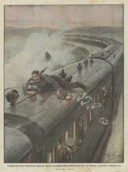 Spoorweglantaarnist vergeten op een wagon bij het vertrek van een trein, in Toscane
