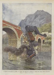 De grote overstromingen in Beieren, een trein die instort na de instorting van de brug bij Muihldorf