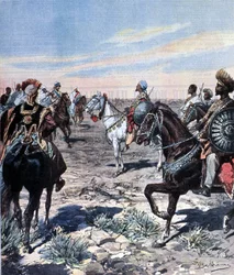 Kapitein Mozzetti in het kamp van Ras Makonnen (Mekonnen Welde Mikael) (Abba Qagnew) in Ethiopië. Illustratie door Beltrame. La Domenica del corriere. 1899.