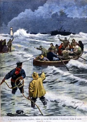Het schipbreuk van de stoomboot Planier nabij de monding van de Rhône: de reddingsdiensten brengen de passagiers terug. Illustratie van Beltrame. La Domenica del Corriere. 1901.