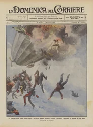 De rampen van de Duitse luchtvloot, het nieuwe krachtige luchtschip Zeppelin brandt en stort neer