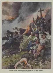 De uitbarsting van de Etna, paniekerige vlucht van vrouwen verrast door de lava terwijl ze aan het bidden waren