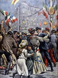 De vorsten van Italië in Parijs: de volksfeesten in de straten. Illustratie van Beltrame. La Domenica del Corriere. 1903.