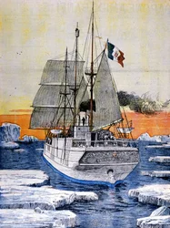 De pool expeditie van Louis de Savoie, hertog van de Abruzzen: het schip Stella Polare in het ijs. Illustratie naar een foto. La Domenica del Corriere. 1899.