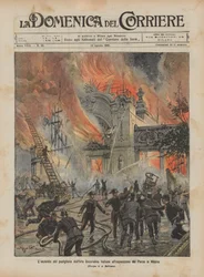 De brand van het paviljoen voor Italiaanse decoratieve kunst op de tentoonstelling in het park in Milaan