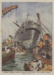 De kruiser San Giorgio vastgelopen op de rotsen bij de punt van Posillipo