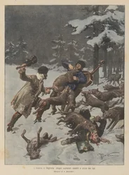 De winter in Hongarije, zigeunermuzikanten aangevallen en gedood door wolven