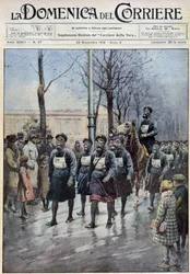 Mars georganiseerd in Warschau om de bevolking te oefenen in het gebruik van gasmaskers - tekening door A. Beltrame, in 