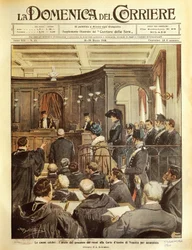 Maria Tarnowska voor de rechter in Venetië, door Achille Beltrame, illustratie, Illustrator Achille Beltrame (1871-1945), uit La Domenica del Corriere