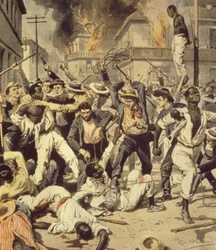 Menigte jaagt op Zwarte mensen in Springfield, Illinois, Achille Beltrame (1871-1945), uit La Domenica del Corriere, augustus 1908