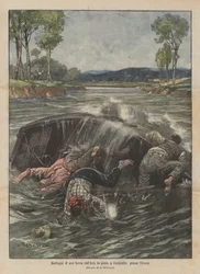 Schipbreuk van een boot in de volle Arno, bij Compiobbi in de buurt van Florence
