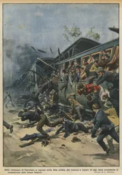 In de buurt van Vigevano, door de dichte mist, botsten twee stoomtrams van een lijn