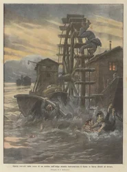 Arbeiders overreden door de wielen van een molen aan de Adige terwijl ze de rivier overstaken in een boot op weg naar hun werk