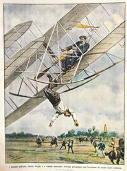 Orville Wright en luitenant Seliridge storten neer met tweedekker vanaf dertig meter, Verenigde Staten van Amerika, illustratie door Achille Beltrame uit La Domenica del Corriere, 11 oktober