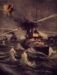 Onze torpedoboten maken een gedurfde inval in de Dardanellen onder vijandelijk vuur, illustratie uit La Domenica del Corriere