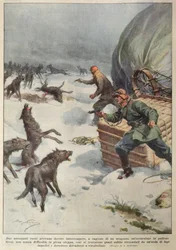 Packs wolven die de bemanning van een gestrand Russische heteluchtballon aanvallen, illustratie uit 