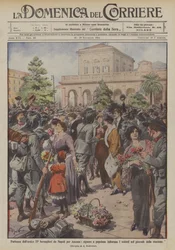 Vertrek van de heroïsche 2e Bersaglieri uit Napels naar Ancona, dames en vrouwen versieren de soldaten met bloemen