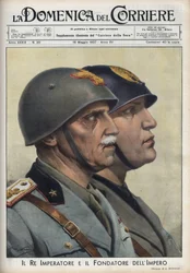 Profielen van koning Vittorio Emanuele III en Duce Benito Mussolini, stichter van het rijk, in de stijl van Romeinse keizers. Illustratie van Achille Beltrame in 