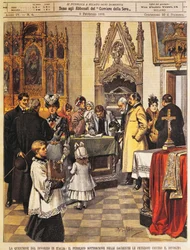 Openbare petitie tegen echtscheiding in sacristie, door Achille Beltrame, illustratie, Illustrator Achille Beltrame (1871-1945), uit La Domenica del Corriere, 9 februari 1902