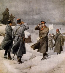 Hervatting van de oorlog, Turkse parlementariër arriveert in Bulgaars kamp met bericht over einde van wapenstilstand, door Achille Beltrame, illustratie uit La Domenica del Corriere, 9 februari