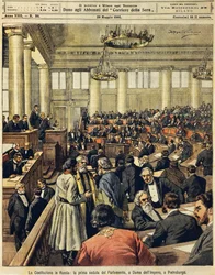 Russische Grondwet: eerste vergadering van het Parlement in Sint-Petersburg, door Achille Beltrame, uit La Domenica del Corriere, 20 mei 1906