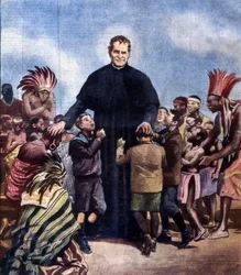 Sint Johannes Bosco. Giovanni Bosco, ook bekend als Don Bosco Italiaanse priester (1815-1888). Illustratie van Achille Beltrame