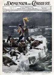 Zeehondenjagers, van wie sommigen stierven, bleven gestrand op het drijvende ijs van de oceaan. Ill. de Beltrame. La Domenica del Corriere. 12-19/04/1914.