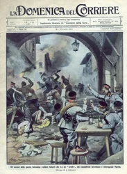 Tweede Balkanoorlog (1913) tussen Bulgarije en Griekenland en Turkije: Bulgaarse soldaten steken Nigrita in Griekenland in brand. La Domenica del Corriere. 07/1913. Illustratie van Beltrame.