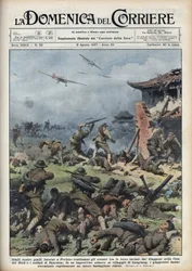 Tweede Chinees-Japanse Oorlog (1937-1945): gevechten tussen Japanse en Chinese wapens nabij Peking, de Japanners vernietigen snel een heel Chinees bataljon. Illustratie door Achille Beltrame uit 