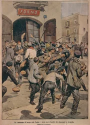 Ernstig tekort aan werk in Apulië, Ovens bestormd door werklozen van Cerignola, door Achille Beltrame, illustratie, Illustrator Achille Beltrame (1871-1945), uit La Domenica del Corriere, 20 december 1908
