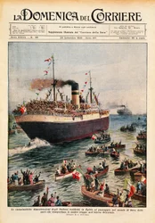 Schepen die Italiaanse troepen naar Oost-Afrika vervoeren, steken het Suezkanaal over, illustratie uit La Domenica del Corriere, 20 oktober