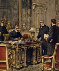 Ondertekening van de Frans-Italiaanse Arbitrageconventie in Parijs, door Achille Beltrame, illustratie, Illustrator Achille Beltrame (1871-1945), uit La Domenica del Corriere