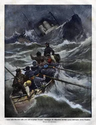 Zinken van een Italiaanse boot voor de kust van Toscane in 1910. illustratie door Achilles Beltrame