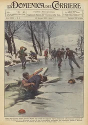 Boven een bevroren stroom bij Biella schaatsten een groep jongens vrolijk