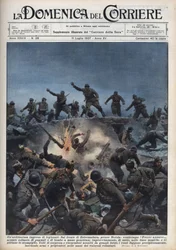 Spaanse Burgeroorlog: Een divisie Italiaanse vrijwilligers vlucht voor het Spaanse Republikeinse Leger in de regio Mérida, Spanje. Illustratie van Achille Beltrame in “La domenica del Corriere” van 11/07/1937.