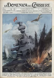 Spaanse Burgeroorlog: Twee vliegtuigen van de Republikeinse regering in Valencia bombardeerden de Duitse kruiser Deutschland om wapenhandel naar Spanje te voorkomen. Illustratie van Achille Beltrame in 