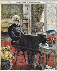 De Italiaanse componist Giuseppe Verdi in zijn studeerkamer, plaat door Achille Beltrame, La Domenica del Corriere, 8 oktober