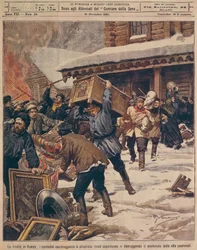 De Russische Revolutie: Boeren plunderen eigendommen van rijke landeigenaren (illustratie)