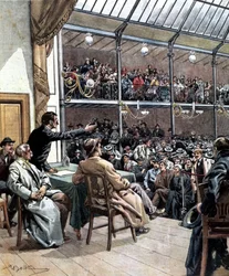 Het ontstaan van de eerste vakbonden in Milaan in 1901. Illustratie van Beltrame. La Domenica del Corriere 1901.