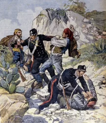 De arrestatie van drie gevaarlijke rovers nabij Trapani in Sicilië. Illustratie door Beltrame. La Domenica del Corriere. 23/02/1902.