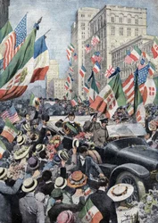 Het enthousiaste welkom van het Amerikaanse volk aan Ferdinand de Savoye, hertog van Genua en prins van Udine (1884 - 1963) toen hij in Boston aankwam. Ill. de Beltrame. La Domenica del Corriere. 06/1917.