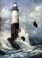 De wachter van de vuurtoren van Ar-Men, aan de Franse kust, was door slechte weersomstandigheden 53 dagen van het vasteland geïsoleerd gebleven. Dankzij een gevaarlijke acrobatische tocht wist hij terug aan land te komen. Illustratie van A. Beltrame. La